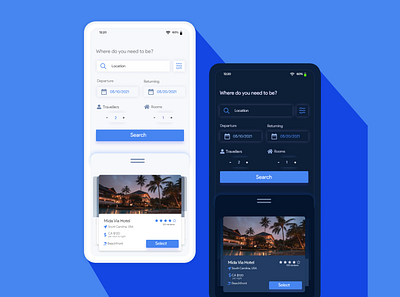 Minimalistic Travel App UI app blue ui dark mode dark ui design hotel app hotels location minimalism minimalist softui travel travel app ui ui design user inteface ux ux ui uxdesign white app