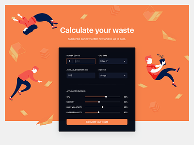 Unidle - Homepage calculator blue calculator devices form illustration interface orange persons toggle ui ux