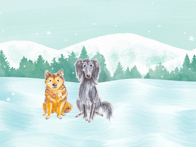 Snowflakes animals christmas dogs drawing friends holidays illustration mountains pets portrait snow winter