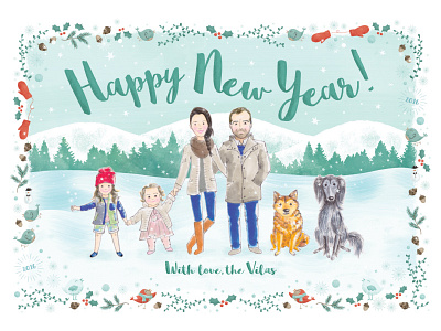 Custom Illustration: The Vila Family christmas custom illustration family happy new year holiday mountains pets portrait snow trees winter wreath
