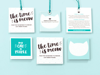 The Time Is Meow! aqua branding cats clothing tags fashion hang tags logo design meow paper goods print design stationery teal
