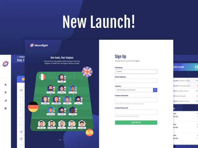 New Launch: Moonllight ⚽️✨ app data fantasy football gradient interface league soccer team ui