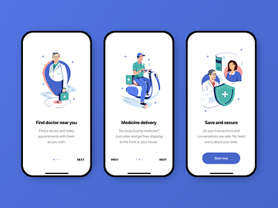Onboarding screens for doctor service button clean doctor health hospital illustrations interaction design interface ios medical onboarding onboarding screens product design ui ui ux ux