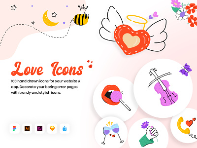 100 Hand Drawn Love Icons flat designs