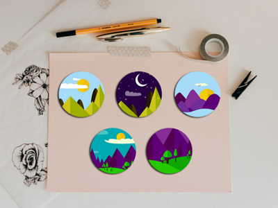 Nature stickers adobe art work badge best day night digital flat design illustration latest mountain nature new recent stickers vector