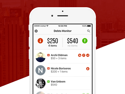 UI Debts Monitor App app borrow contacts dashboard debt infographic ios lent red ui ux