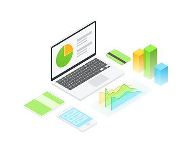 Finance Ecosystem bars business graphic green illustration isometric isometry laptop piechart