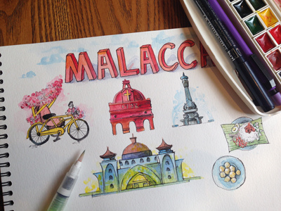 Malacca bike building church food illustration malacca malaysia sketch trip water watercolor