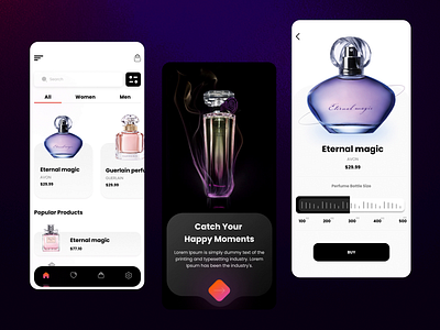 Exemplary UI Designs for a Splendid Perfume Selling App beauty cosmetic dark ui design ecommerce frangance illustration mobile app design mockup perfume perfume scent scent ui ui design ux web design website design