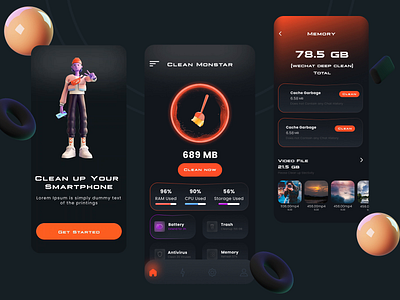 Fabulous🔥 UI Designs for a Sensational Phone Cleaning App📱 cache cleaner dark dark blue dark mode dark theme figma glow memory memory cleaner mobile cleaner mobile optimizer optimization optimize optimizer phone cleaner phone optimizer progress protect storage