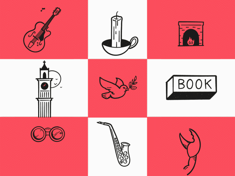 Animated Icons for GrubClub (Eatwith) branding london dove animation illustration lunch dinner meal book fireplace cousine music guitar motion motion design animated icons icon grubclub eatwith
