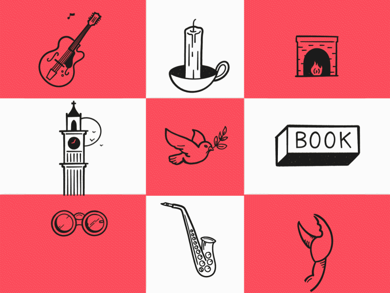 Animated Icons for GrubClub (Eatwith) animated icons animation book branding cousine dinner dove eatwith fireplace grubclub guitar icon illustration london lunch meal motion motion design music