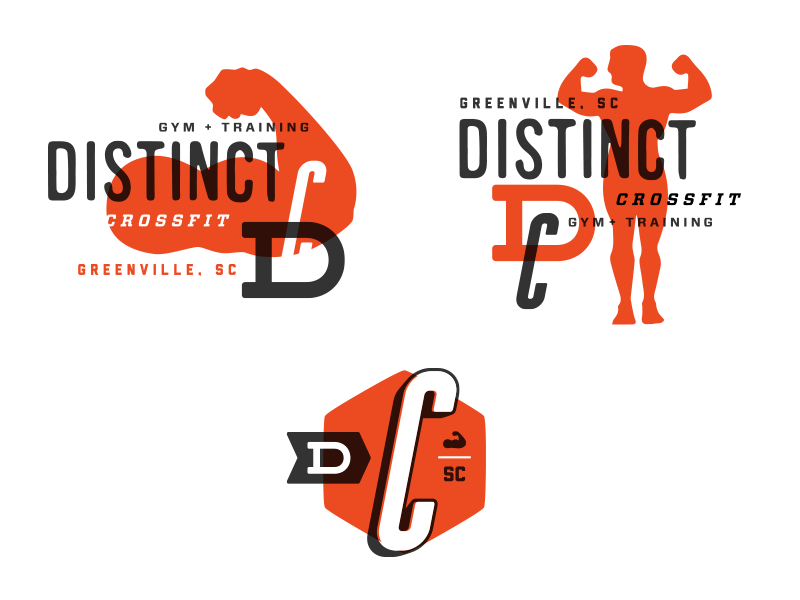 Distinct Logo system comps branding crossfit distinct flex greenville grrr grunt gym identity illustration laundry logo muscles rippin sc strongarm tan tearin training workout