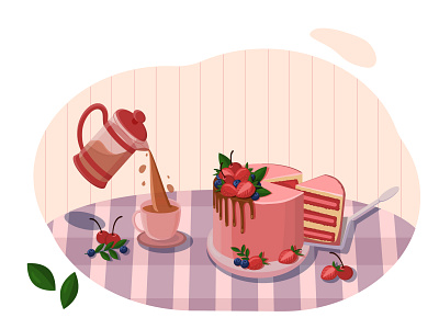 Tea time art artist blueberry cake design graphic design illustraion red velvet strawberry tasty tea vector vector art
