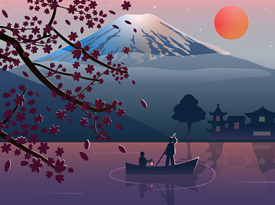 Fuji landscape adventure art artist design flat fuji gradient illustration japan japanese landscape peaceful sakura sun sunset vector
