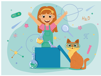 Science girl adventure art artist cat child childrens illustration cute design flat girl illustration science vector