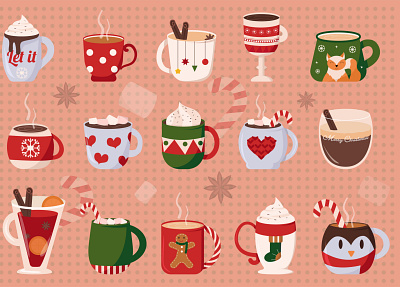 Christmas cups art artist christmas christmas cup christmas mood coffee cute design hot chocolate illustration vector