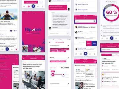 FlipWork application app appdesign application chat design app filters flipwork gradient menu mobile pink purple sketch social splash ui ui app uidesign white work