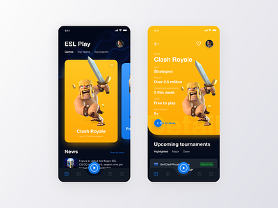 ESL Gaming - App Concept app black blue clash clash royale clean concept concept app esl fortnite gaming mobile mobile app orange tournament ui ux yellow
