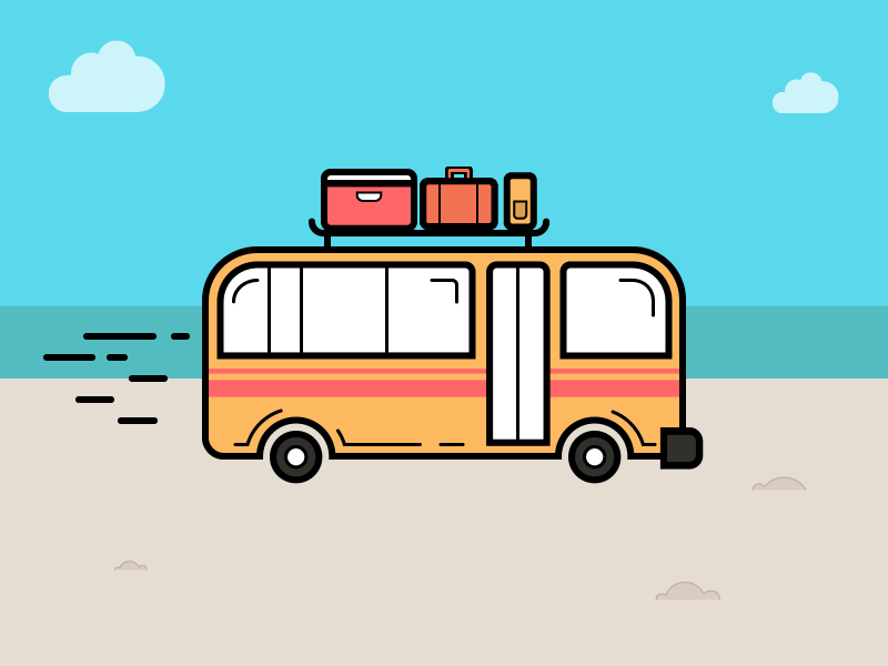Bus animation beach bus gif luggage motion sand sky transportation travel