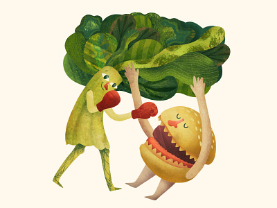 BROCCOLI WINS broccoli character hair hamburger health healthyfood illustration kids kidsillustration