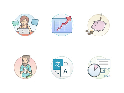 Icons for chat features analytics chat connect design icons mobile person piggy bank sales translate triggers