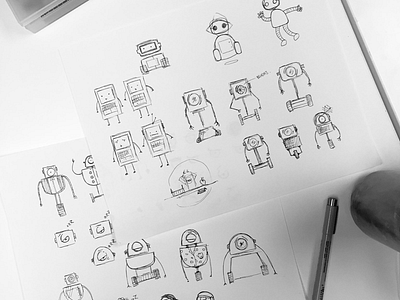 robot sketches character concept illustrations mascot pencil robots sketch