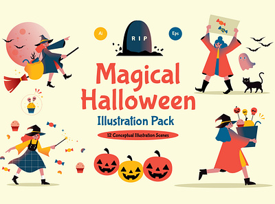 Magical Halloween Illustration Pack character characterdesign design flatdesign halloween illustration illustrations landing landingpage landingpagedesign landingpages magical page template trickortreat uidesign vector vectorillustration website witch