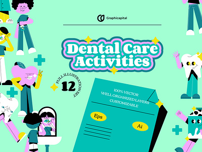 Teal Flat Dental Care Activity Illustration