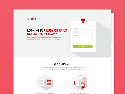 Vertalab landing page call to action flat gray icon landing page red ruby vertalab website white
