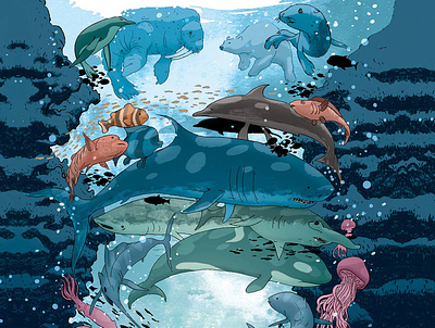 Abundant Sea - Process + close ups animals design dolphin fish illustration ocean ocean life penguin sea sea life shark sketch tropical turtle underwater whale