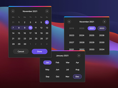 Date Picker (dark mode) calendar datepicker gradient product design