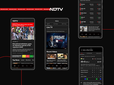 News App (NDTV) graphic design media news scorecard sports stocks ui ux