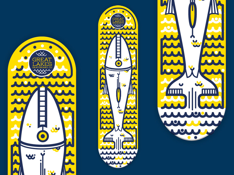 Skateboard design fish work graphic wood commisioned lines decks skateboarding print nautical vector illustration fish design skateboard