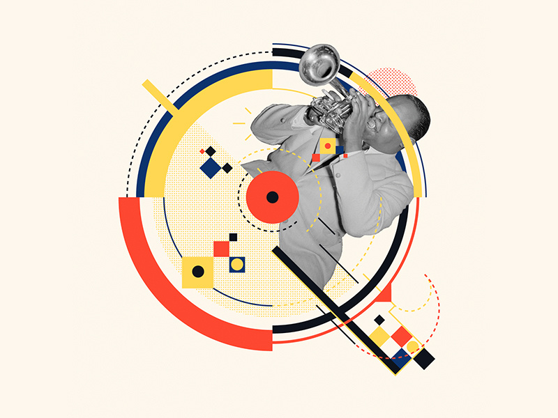 Bauhaus - Q trumpet abstract collage 36days-q music jazz bauhaus100 bauhaus design graphic 36 days of type iampommes typography pommes vector illustration