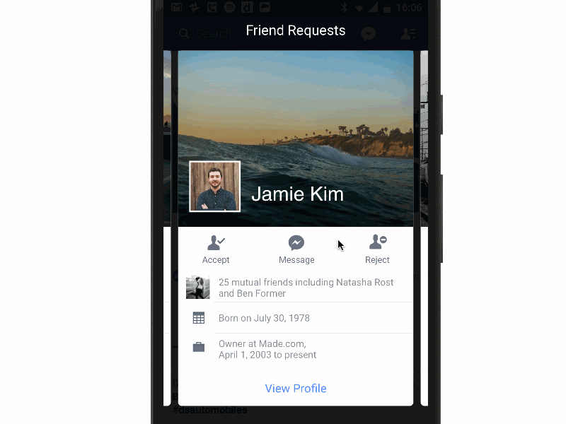 Facebook friend request profile transition android animation facebook framerjs material design mobile profile transition userpic