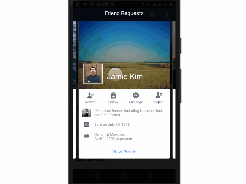 Facebook friend requests swipe cards animation card facebook framer interaction swipe