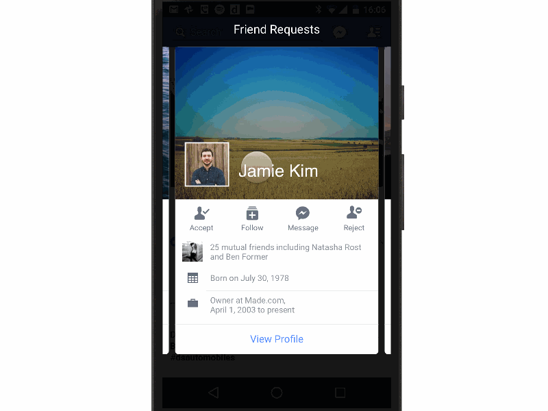 Facebook friend requests swipe cards