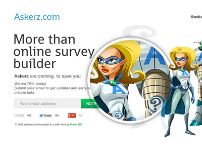 Askerz.com landing page askerz coming soon girls heroes illustrations landing online surveys robots