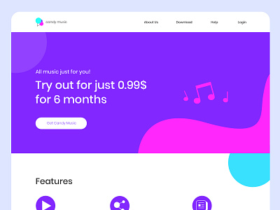 Daily UI 03 - Candy Music Landing Page UI adobe photoshop dailyui dailyui 003 dailyuichallenge design illustration landing page minimalistic modern music typography ui