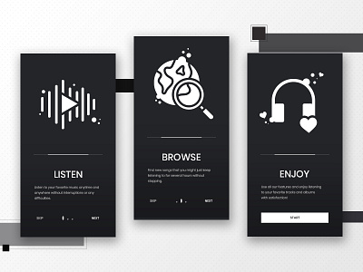 Onboarding Design - Daily UI 023 adobe photoshop app daily ui dailyui dailyuichallenge dark dark mode dark ui design illustration minimalistic mobile modern music onboarding onboarding ui typography ui