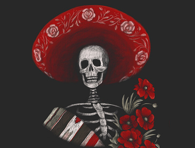 La Cerveza Mas Fina drawing flowers illustration mexican skeleton skull sombrero