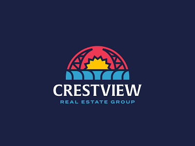 Crestview Real Estate Group - Sioux Falls, SD badge branding crest design icon illustration logo real estate sioux falls south dakota sun thick line typography vector view vintage waterfall