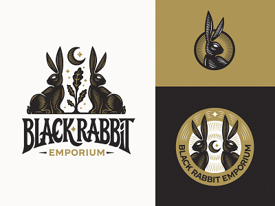 Black Rabbit Emporium Branding 3d badge engraving etsy illustration logo moon oak rabbit retro seal star vector