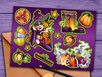 Sticker pack "Autumn witch" adobe autumn design gothic halloween illustration sweet vector warm witch