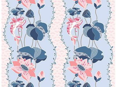 Textile print with koi and lotus adobe design fabric fabrik fish illustration koi lotus print textile vector