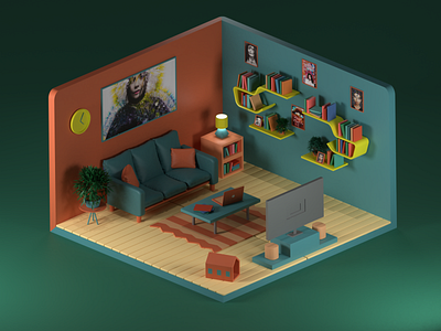 Cozy Bjork Room 3d 3d art 3d artist 3d modeling blender color comfortable cozy design furniture green illustration orange palette render room rooms