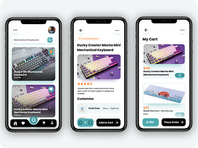 Ecommerce App for Mechanical Keyboard. app ecommerce app ecommerce shop keyboard mechanical menu my cart ui design uiux