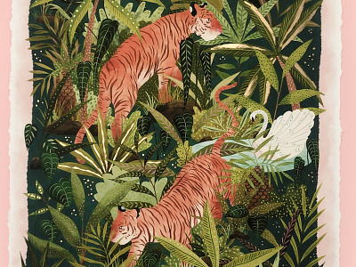 Tiger Oasis gold leaf gouache illustration painted painting plants print tiger tropical watercolor watercolour