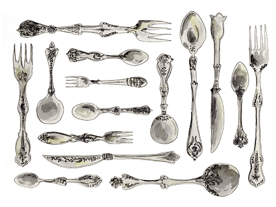Silverware Collection cutlery fork forks gouache illustration knife silver spoon spoons utensils watercolor watercolour